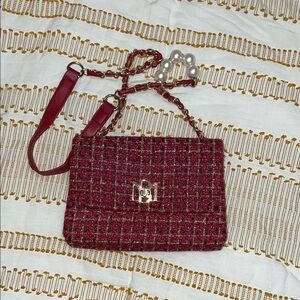 Red Tweed Chain Shoulder Bag with Pearl Accent